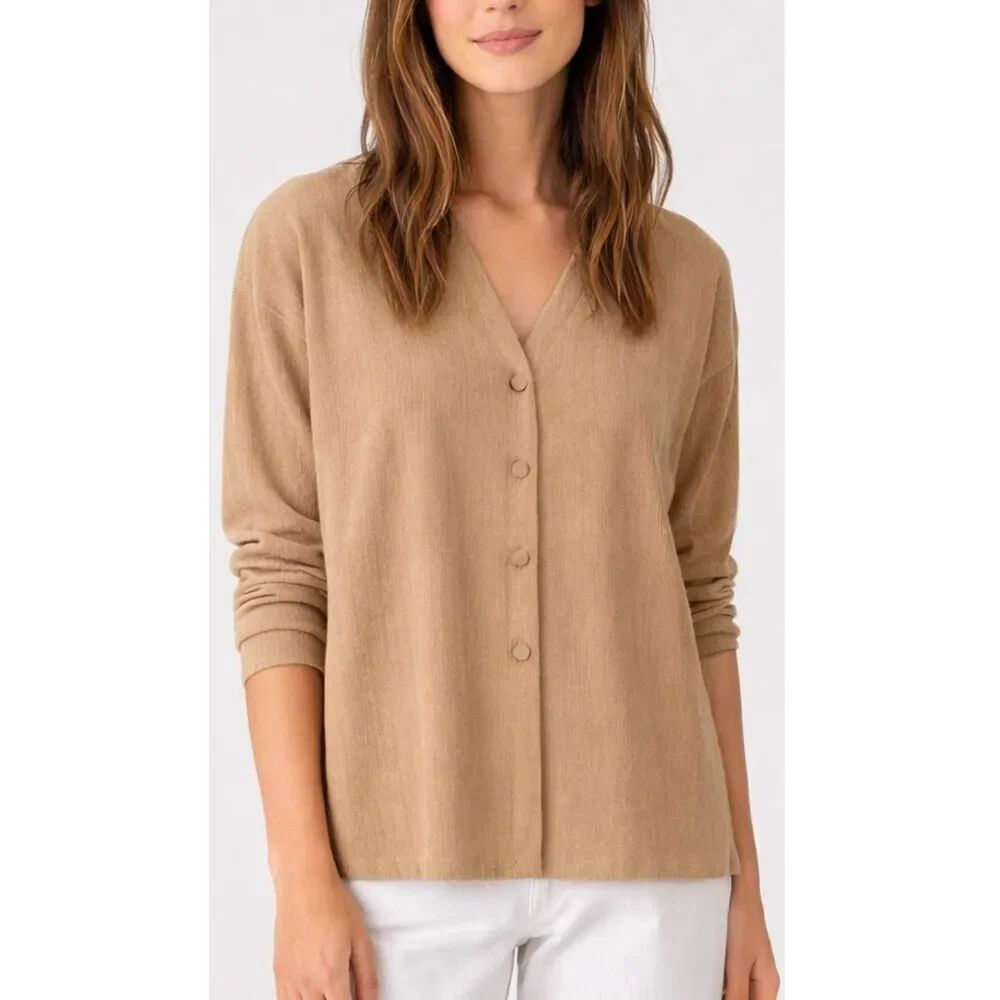 Eileen Fisher vintage 100% silk tan button front blouse size S/M